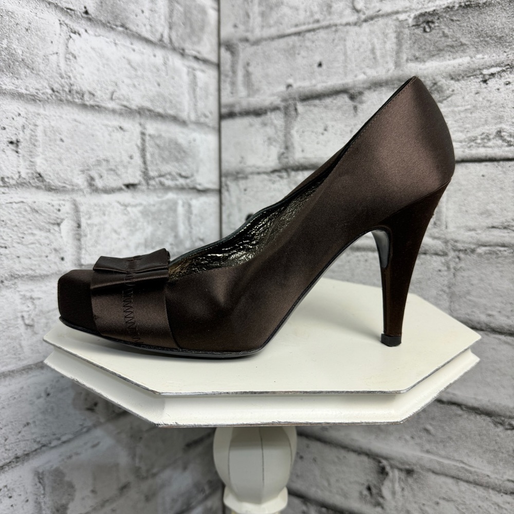Claudia Ciuti Brown Satin Square Toe Bow High Heel Pump